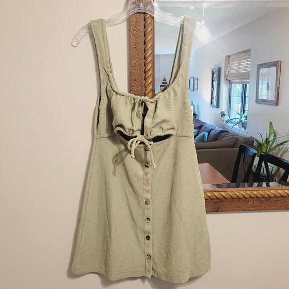 NEW Free People FP Beach Olivia Ribbed Mini Dress Sage Green Keyhole Tie Button - Picture 4 of 5